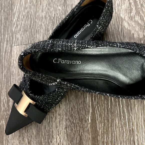 C. Paravano Aida Tweed Pointed Toe Flats Black Gold Metal Bow US 9 Workwear EUC - Picture 11 of 16